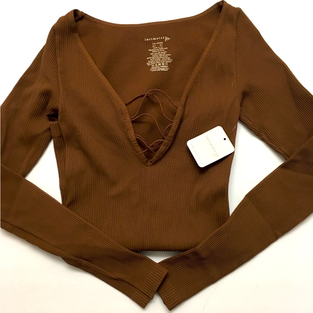 New Free People Intimately Free Long Sleeve Fitted  Stretch Top XS/Small Brown